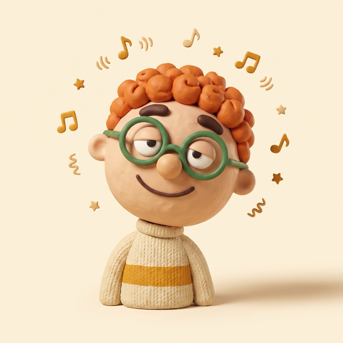 A clay character in glasses, smiling, with music notes floating around his head